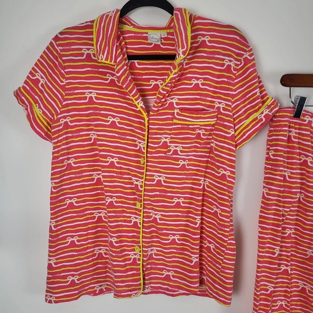 Disney Minnie Mouse Pajama Set L Womens Pink Yellow White Striped Button Front - Picture 2 of 13